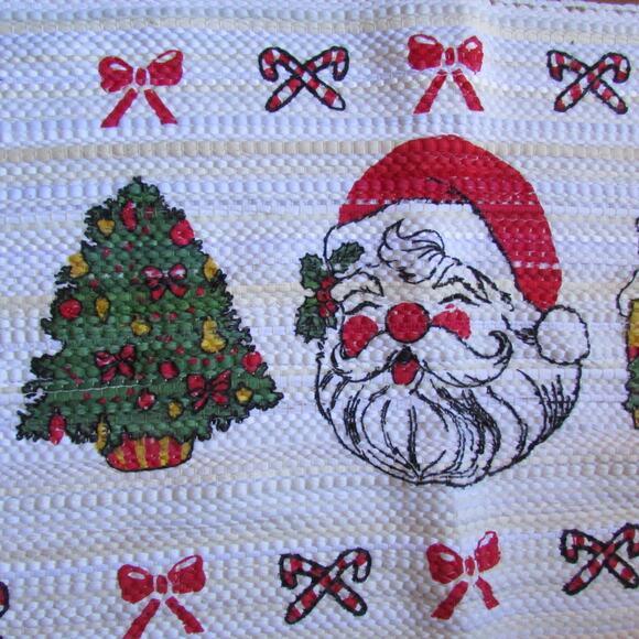 Christmas Rag Rug Screen Printed Santa Tree Cottage 24 x 45 USA New with Tag - Picture 3 of 6